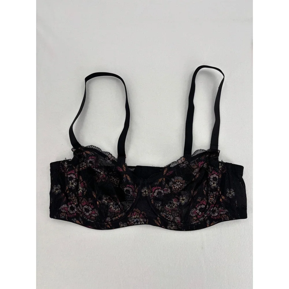 Savage X Fenty Nymph Nouveau Lace Bra Womens 38D Black Metallic Floral‎ Lace